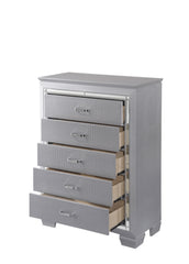 1pc Modern Five Drawer Tall Chest Mirror Accents Chrome Finish Hardware Faux Crystal Accent Silver Finish