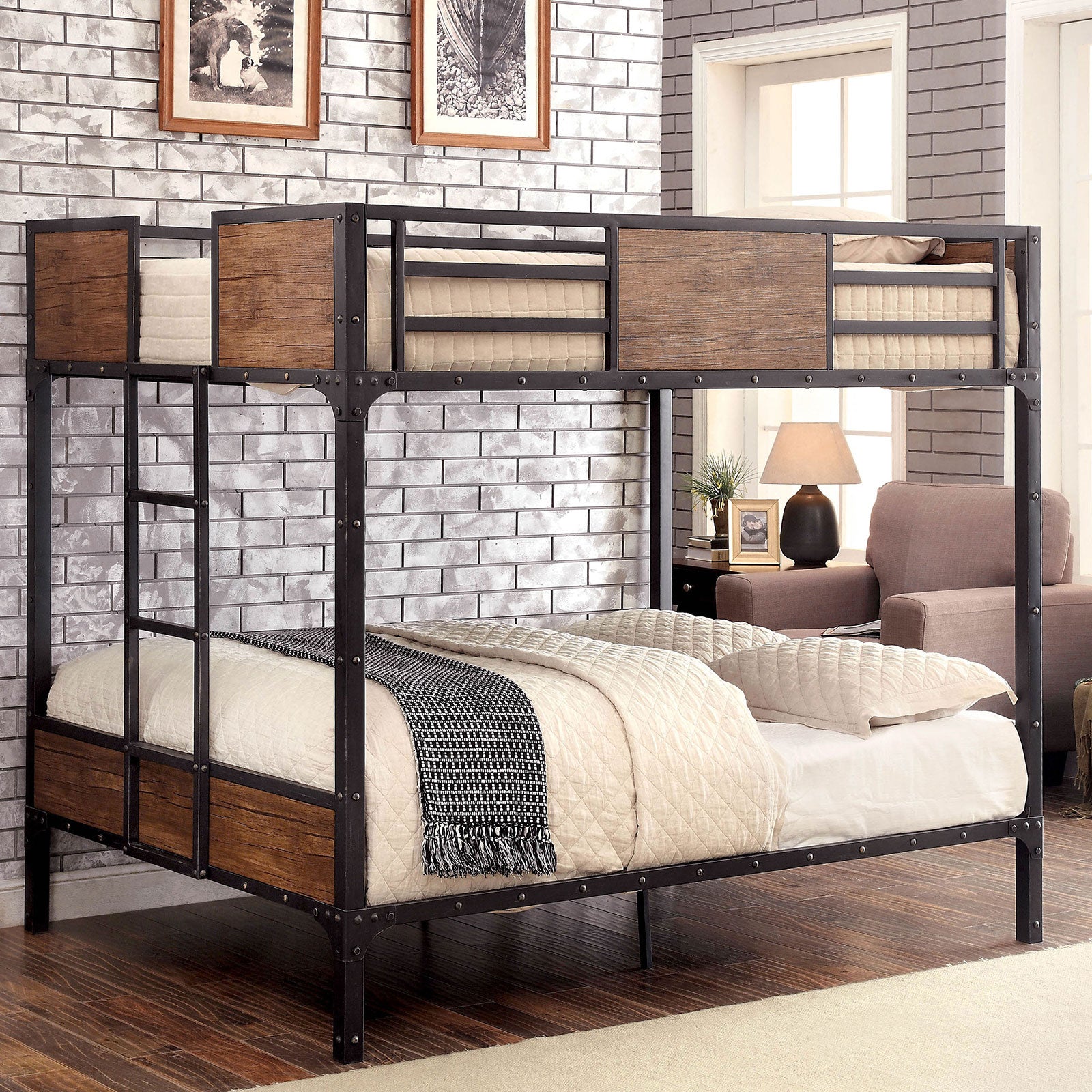 Industrial Style Metal Structure Bunk Bed Full Over Full With Wood Panels Attached Ladder Nialhead Trim Back Finish