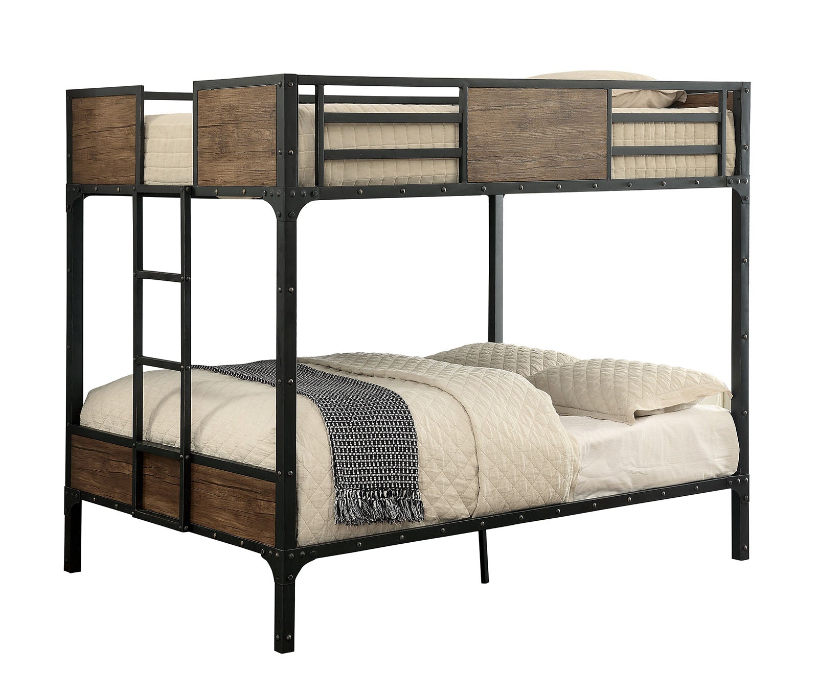 Industrial Style Metal Structure Bunk Bed Full Over Full With Wood Panels Attached Ladder Nialhead Trim Back Finish