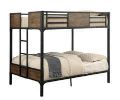 Industrial Style Metal Structure Bunk Bed Full Over Full With Wood Panels Attached Ladder Nialhead Trim Back Finish