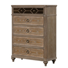 Simple Contemporary 1pc Chest of Drawers Rustic Oak Veneer Solid wood English Back Dovetail Drawers Bedroom Furniture Mirror Panel