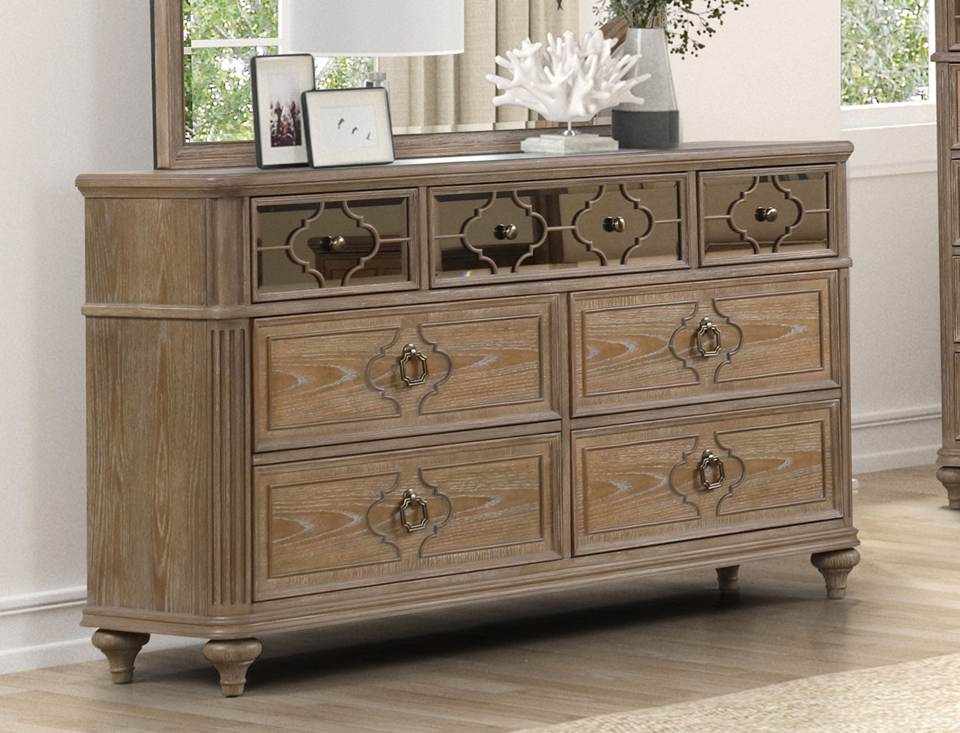 Simple Contemporary 1pc Dresser Rustic Oak Veneer Solid wood English Back Dovetail Drawers Bedroom Furniture Front Mirror Panel