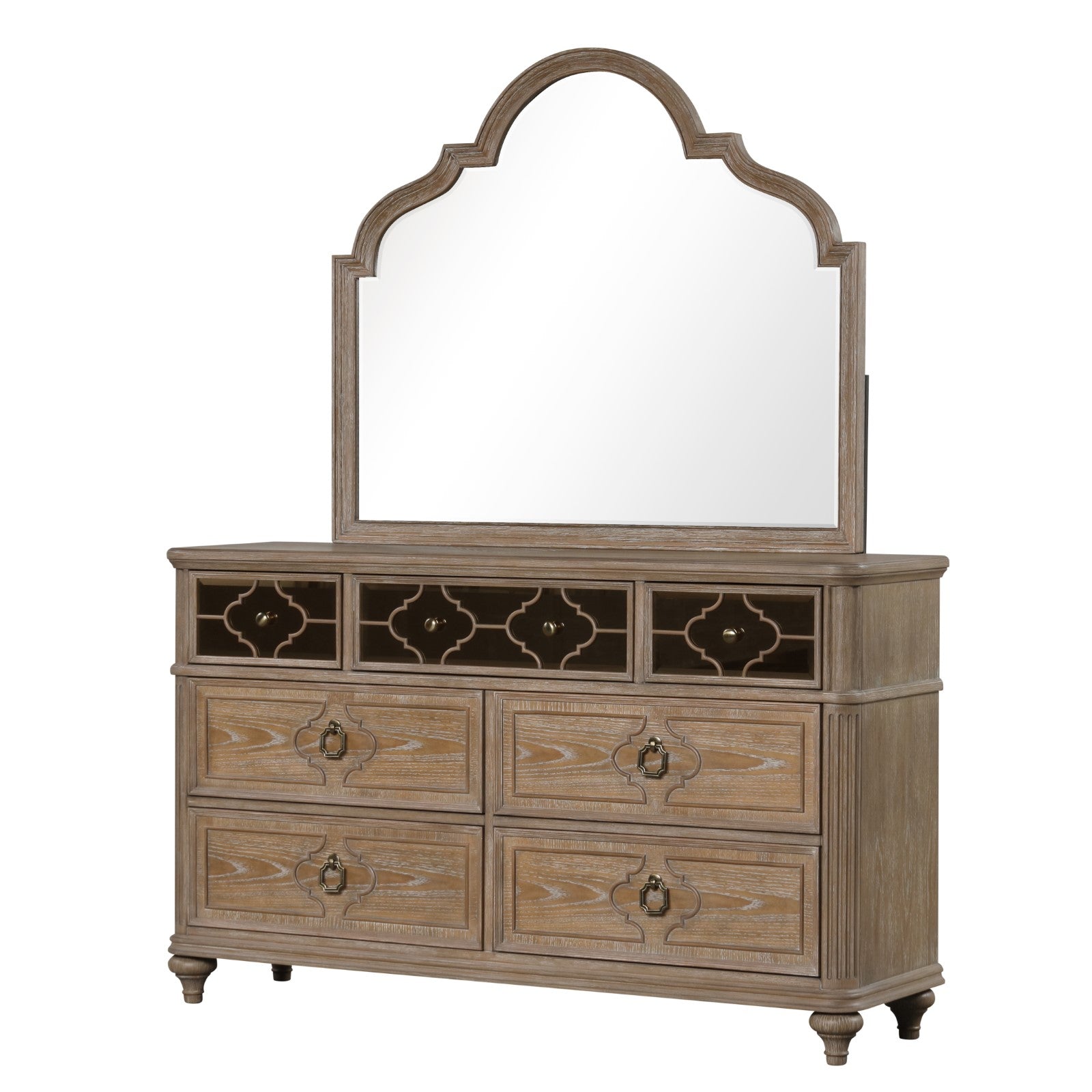 Simple Contemporary 1pc Dresser Rustic Oak Veneer Solid wood English Back Dovetail Drawers Bedroom Furniture Front Mirror Panel