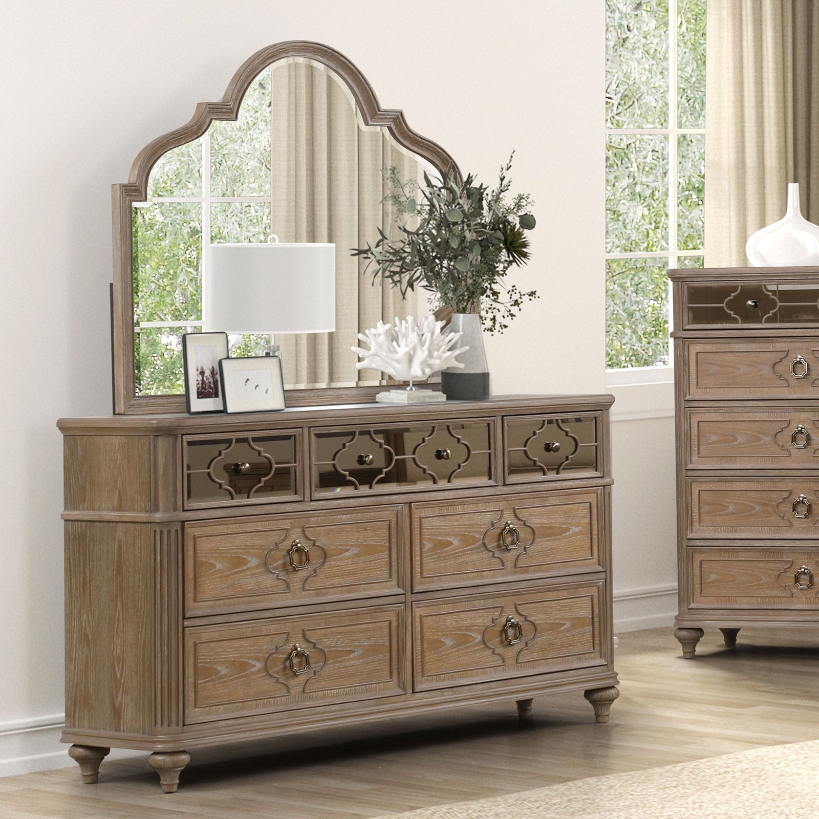 Simple Contemporary 1pc Dresser Rustic Oak Veneer Solid wood English Back Dovetail Drawers Bedroom Furniture Front Mirror Panel