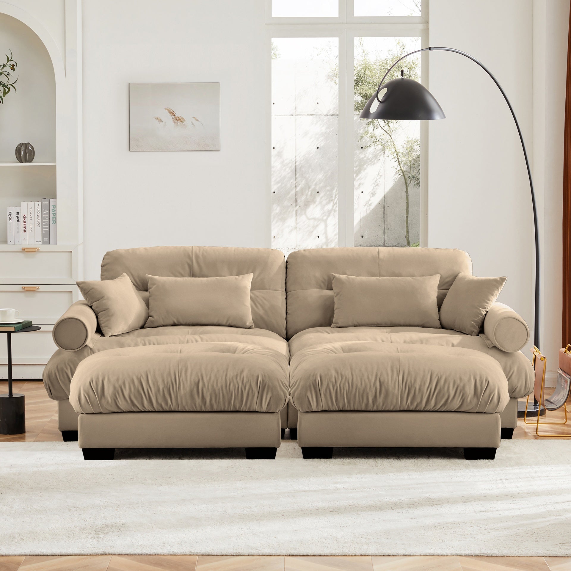 Over Size Modern Two-seater Sofa with Ottoman, Velvet 2-Seater with Round Bolster Armrests,With Waist Pillow and Throw Pillows, Reading Room , Loft and Bedroom,Camel