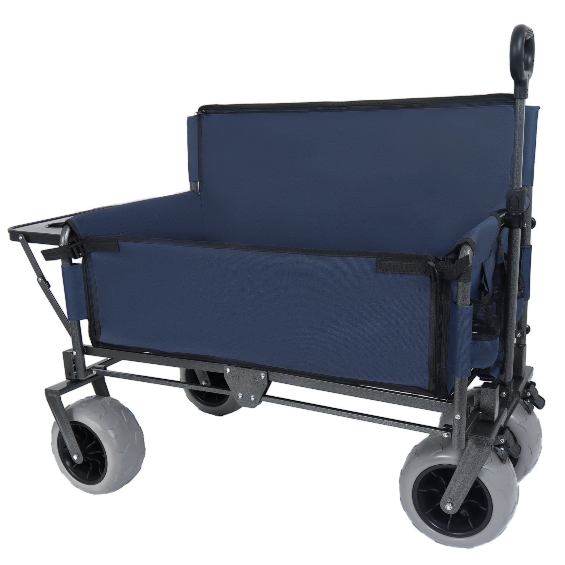 3-in-1 Folding Wagon with Bench Seat & Rear-Mounted Folding Tabletop – 500lbs Capacity, 9"x4" Beach Tires for Camping, Beach, Dark Blue