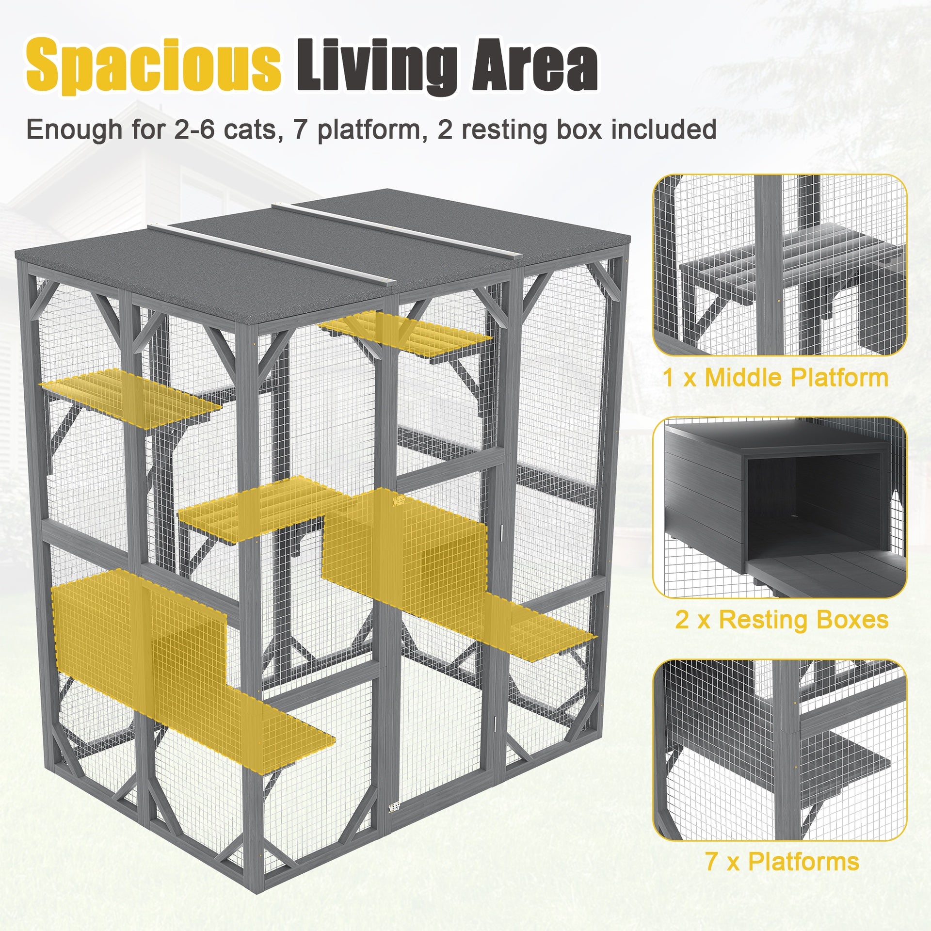 Outdoor Cat Enclosure, 71" Large Cat House for Multiple Cats with Waterproof Roof, 3 Tier Cat Cage with 6 Platform for Patio, Yard, Graden