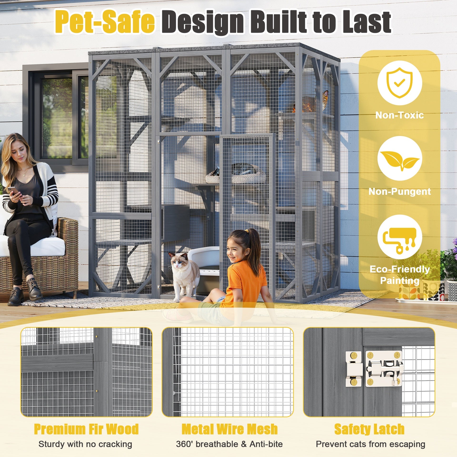 Outdoor Cat Enclosure, 71" Large Cat House for Multiple Cats with Waterproof Roof, 3 Tier Cat Cage with 6 Platform for Patio, Yard, Graden