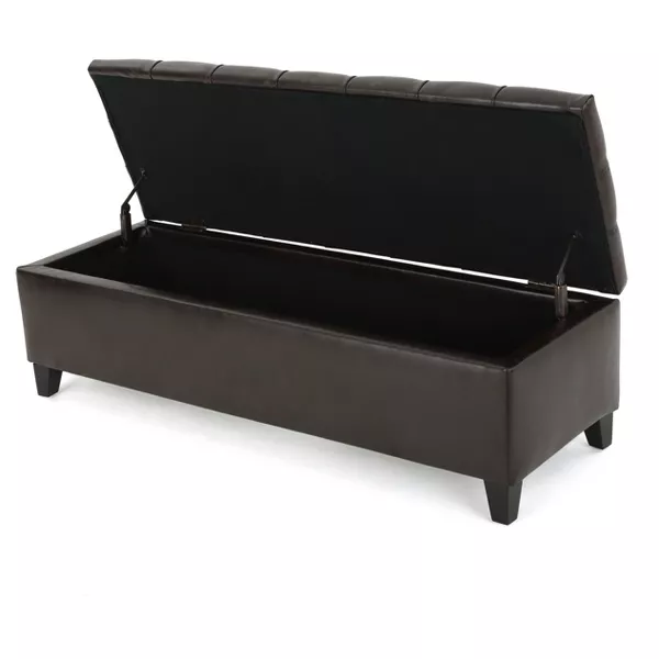 Ottoman Bench with Storage, Dark Brown PU Surface, Rubber Wood Legs, 300 lbs Capacity