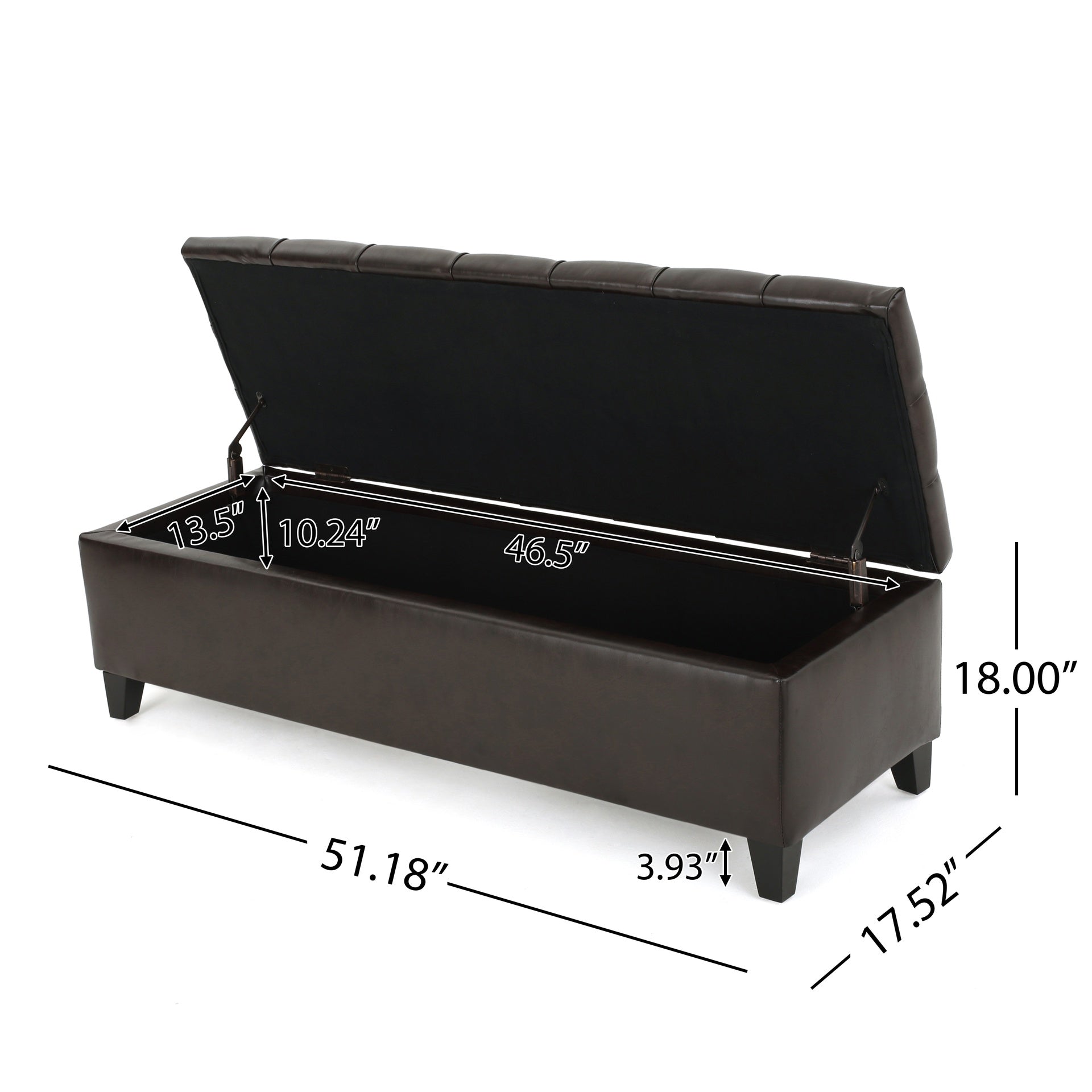 Ottoman Bench with Storage, Dark Brown PU Surface, Rubber Wood Legs, 300 lbs Capacity