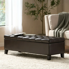 Ottoman Bench with Storage, Dark Brown PU Surface, Rubber Wood Legs, 300 lbs Capacity