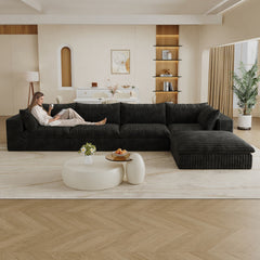 157.6"Cloud Sofa,Corduroy Fabric,Deep Seat Couches,Double-layer design,Removable  Cushion,No Assembly,DIY Combination for Living room, Bedroom,Conference room ,Apartment,Black