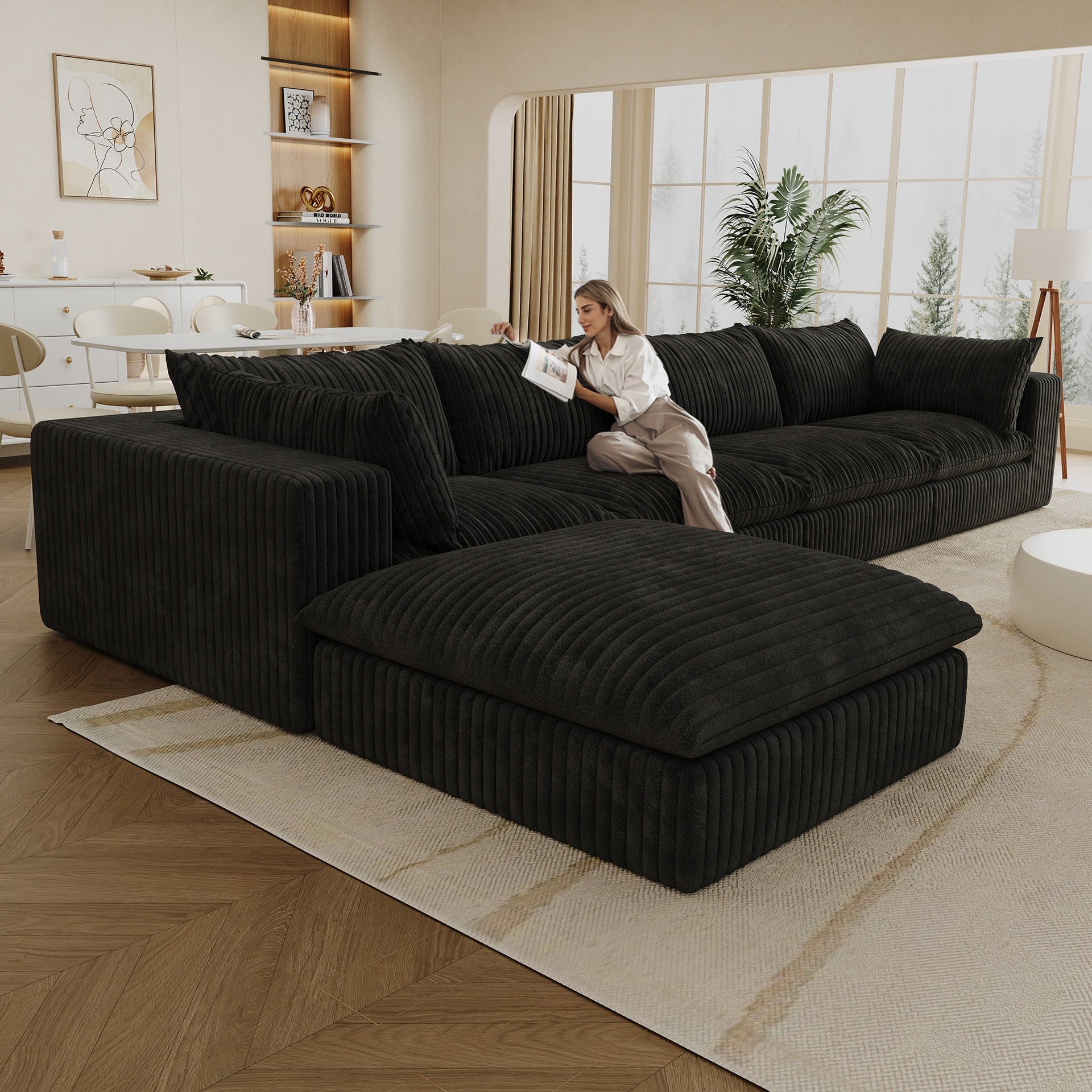 157.6"Cloud Sofa,Corduroy Fabric,Deep Seat Couches,Double-layer design,Removable  Cushion,No Assembly,DIY Combination for Living room, Bedroom,Conference room ,Apartment,Black