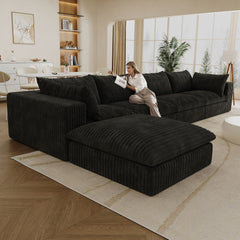 157.6"Cloud Sofa,Corduroy Fabric,Deep Seat Couches,Double-layer design,Removable  Cushion,No Assembly,DIY Combination for Living room, Bedroom,Conference room ,Apartment,Black