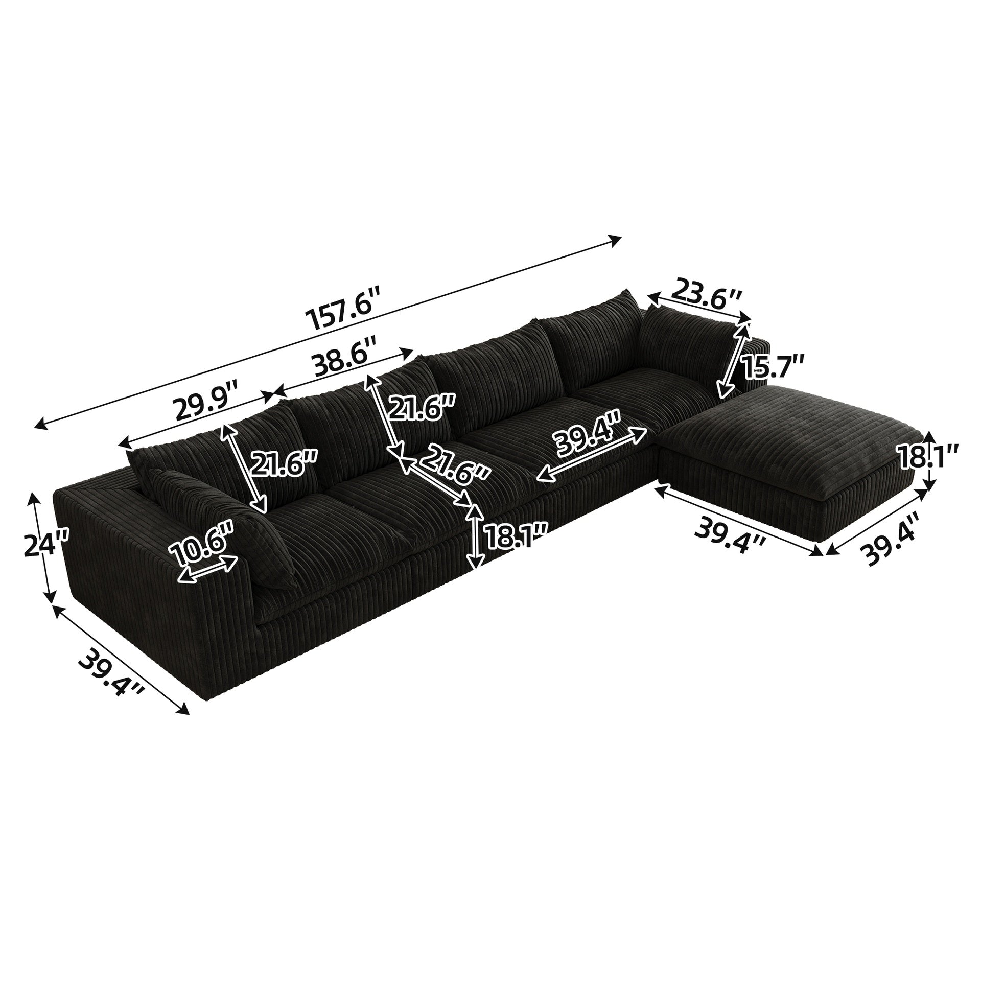 157.6"Cloud Sofa,Corduroy Fabric,Deep Seat Couches,Double-layer design,Removable  Cushion,No Assembly,DIY Combination for Living room, Bedroom,Conference room ,Apartment,Black