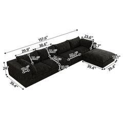 157.6"Cloud Sofa,Corduroy Fabric,Deep Seat Couches,Double-layer design,Removable  Cushion,No Assembly,DIY Combination for Living room, Bedroom,Conference room ,Apartment,Black