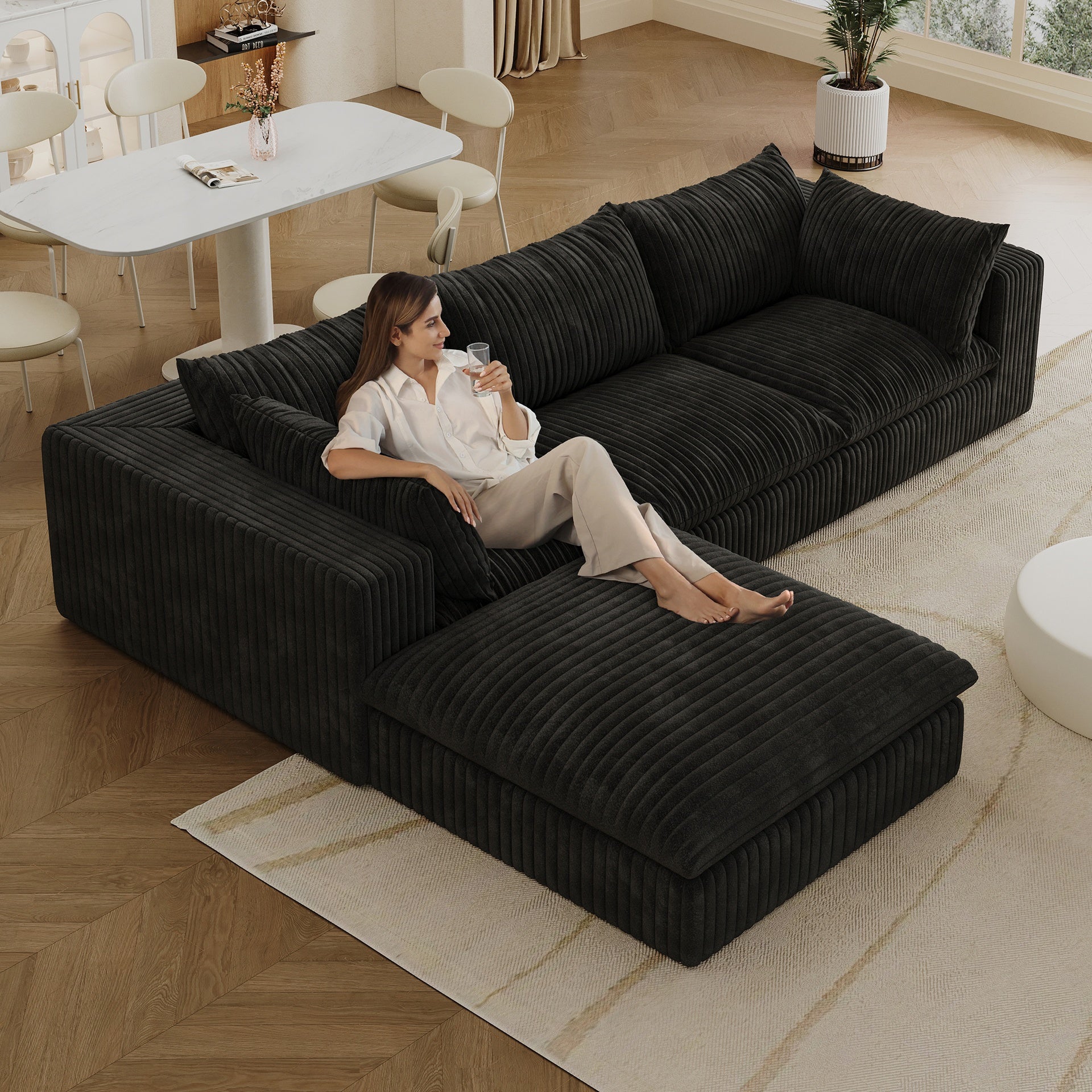 118.2" Cloud Sofa,Corduroy Fabric,Deep Seat Couches,Double-layer design,Removable Cushion,No Assembly, DIY Combination for Living room, Bedroom,Conference room ,Apartment,Black