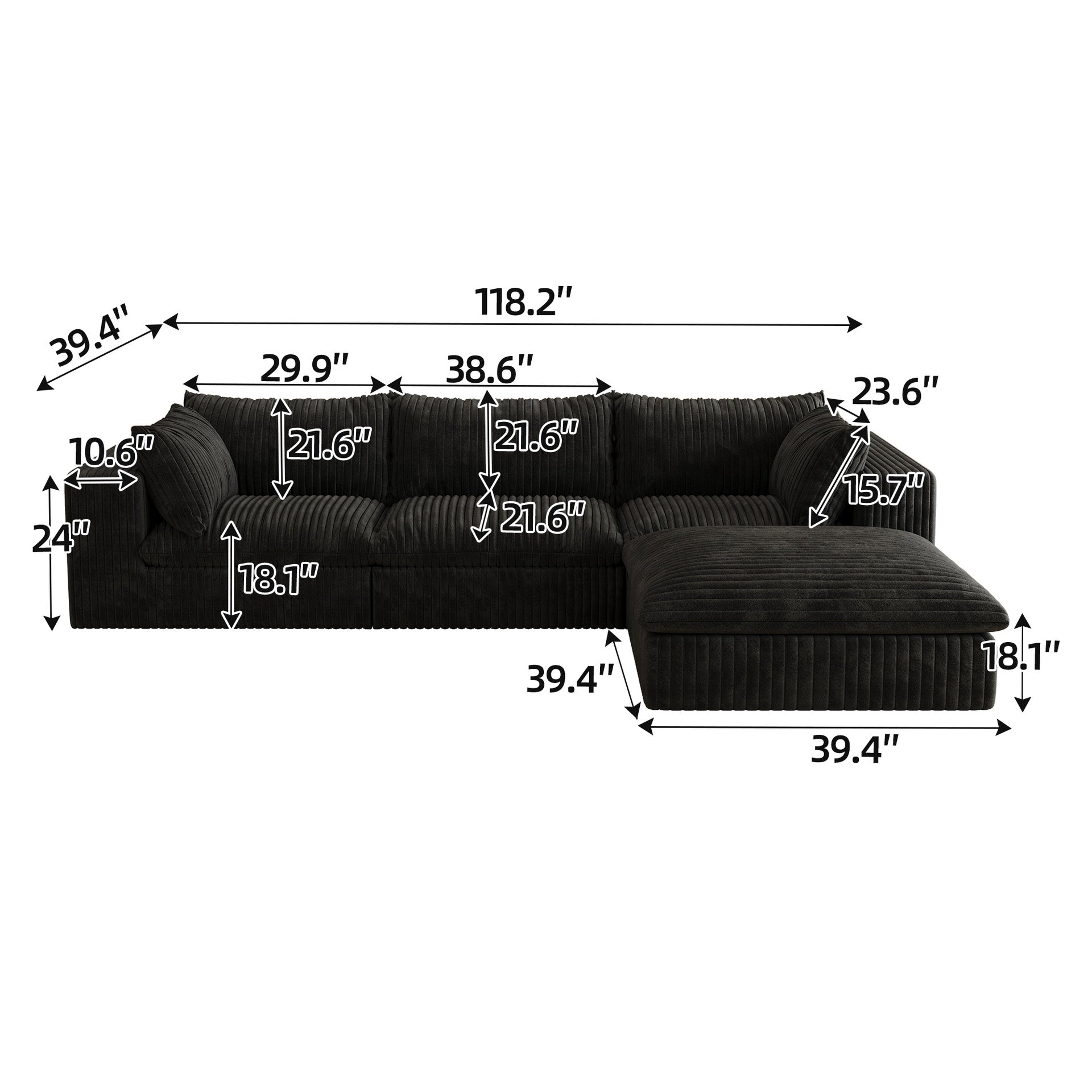 118.2" Cloud Sofa,Corduroy Fabric,Deep Seat Couches,Double-layer design,Removable Cushion,No Assembly, DIY Combination for Living room, Bedroom,Conference room ,Apartment,Black