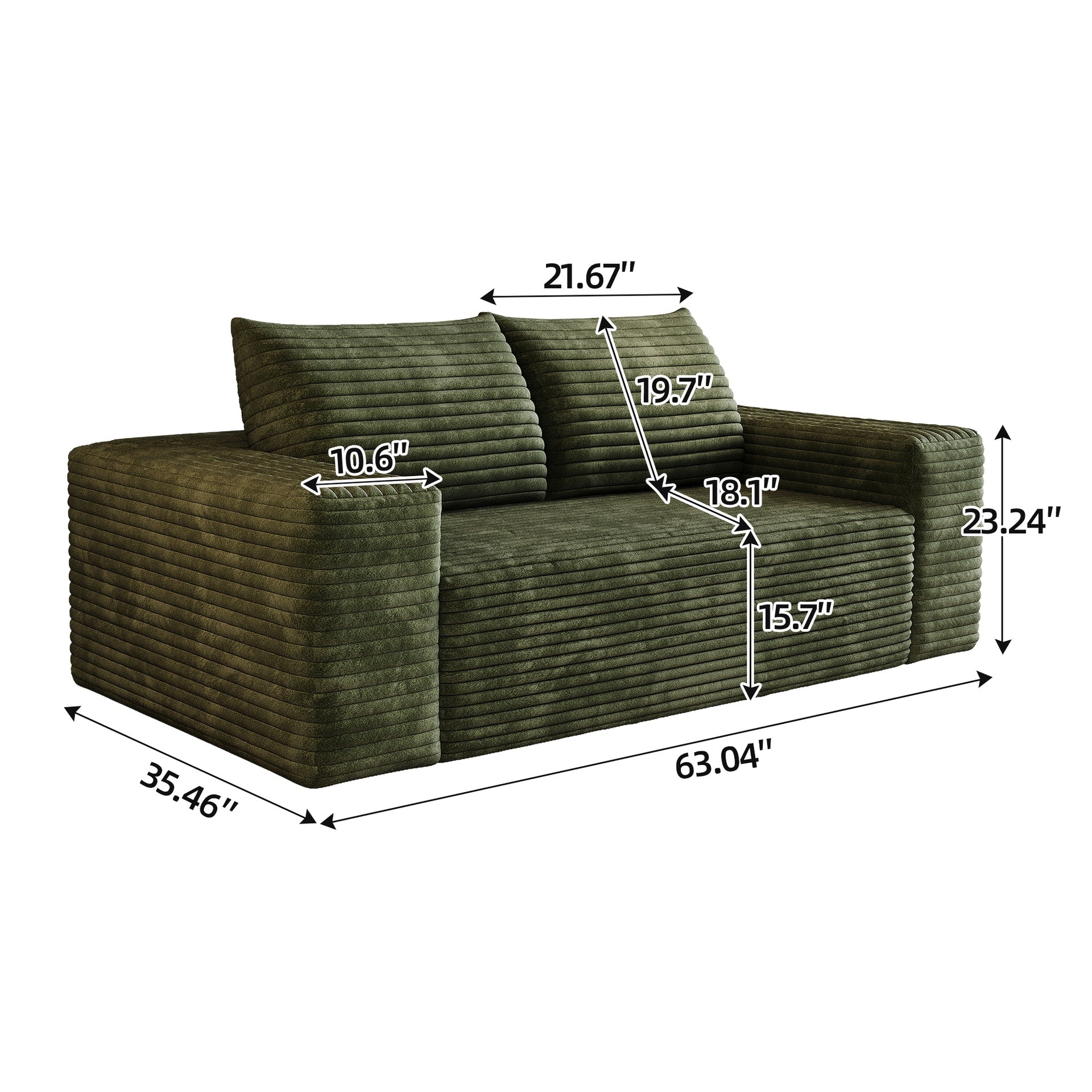 63" 2Setaser Sofa,Corduroy Fabric,Deep Seat Couches,Comfy Loveseat Sofa,No Assembly,1pcs for Living room, Bedroom,Conference room ,Apartment,Green