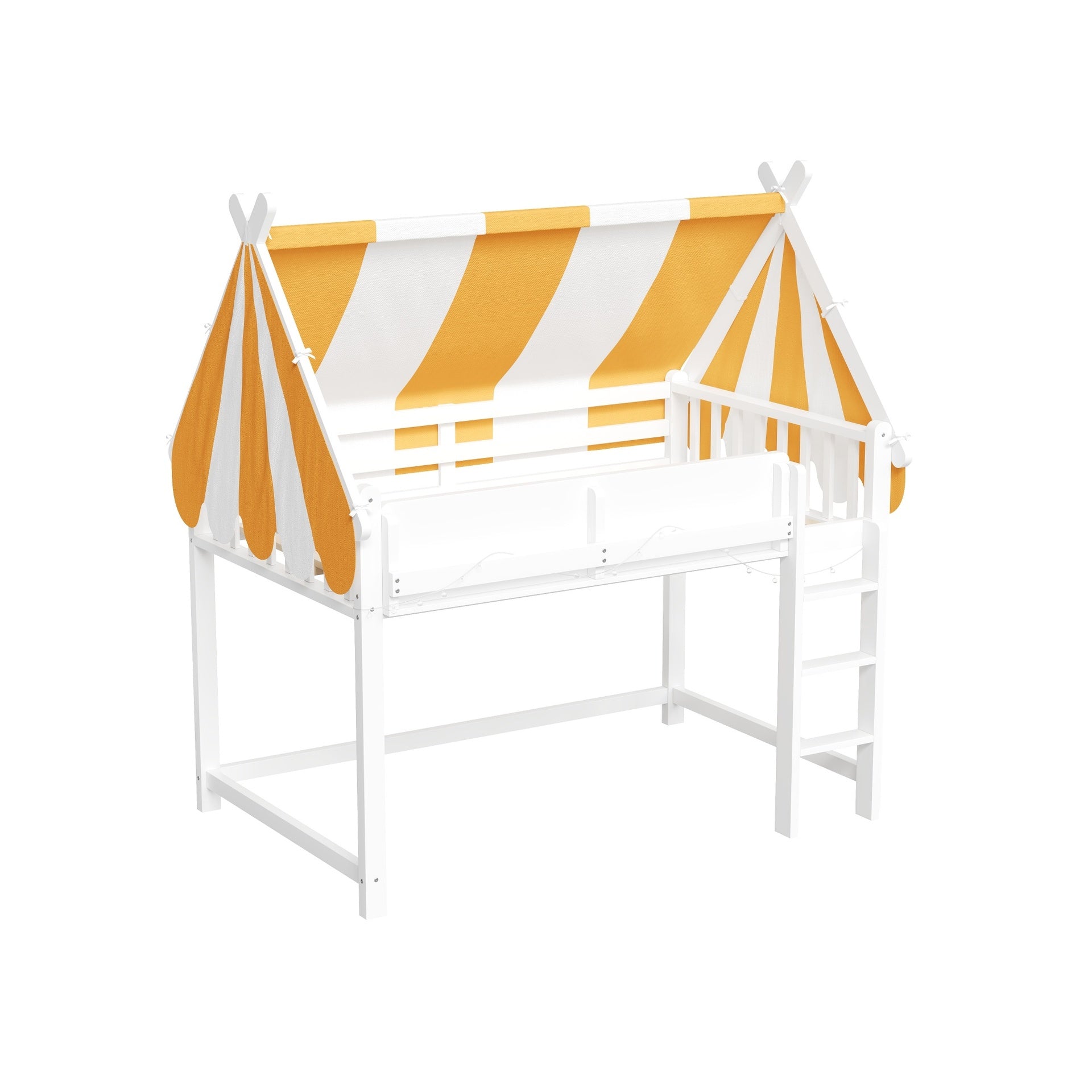 Full Size Loft Bed with Canopy, LED Lights & Book Shelf, White
