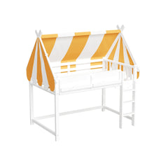 Full Size Loft Bed with Canopy, LED Lights & Book Shelf, White