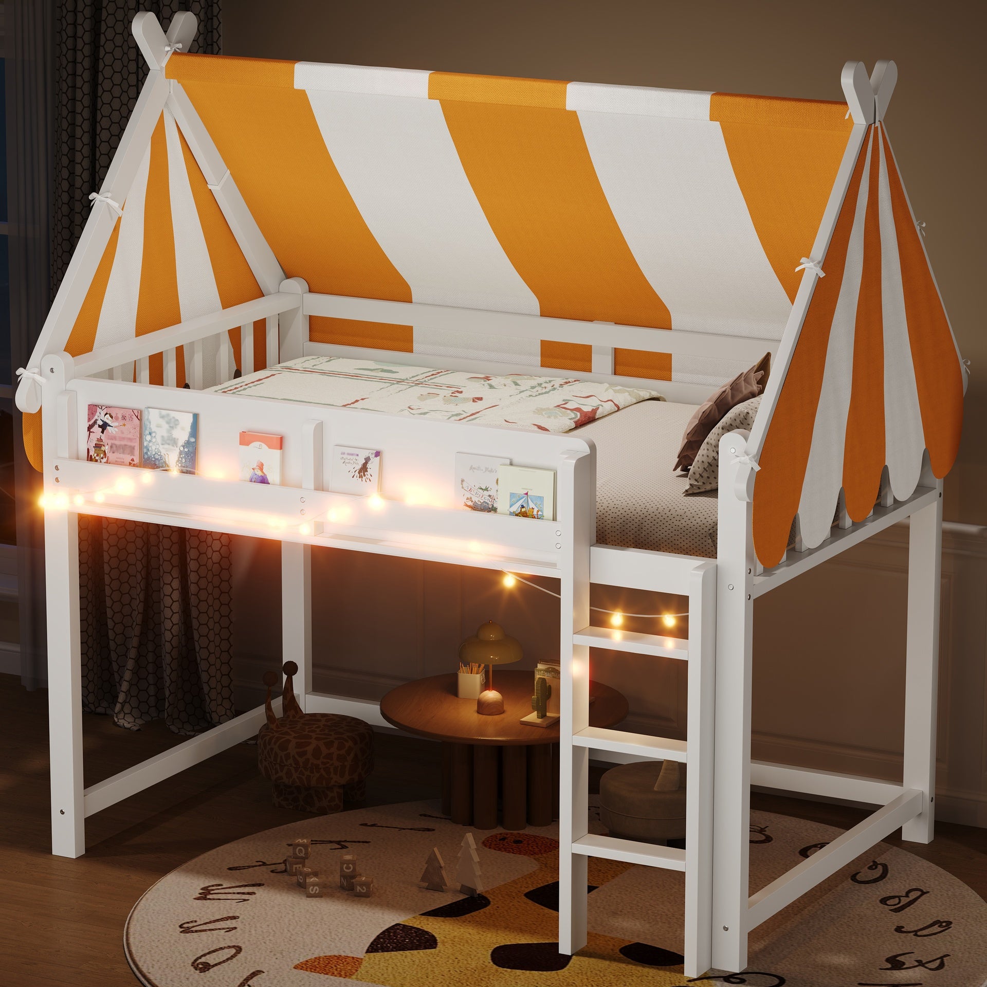 Full Size Loft Bed with Canopy, LED Lights & Book Shelf, White