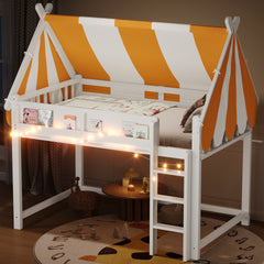 Full Size Loft Bed with Canopy, LED Lights & Book Shelf, White