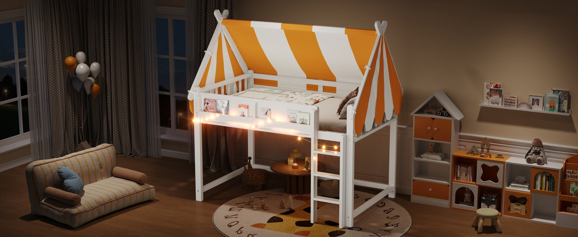 Full Size Loft Bed with Canopy, LED Lights & Book Shelf, White