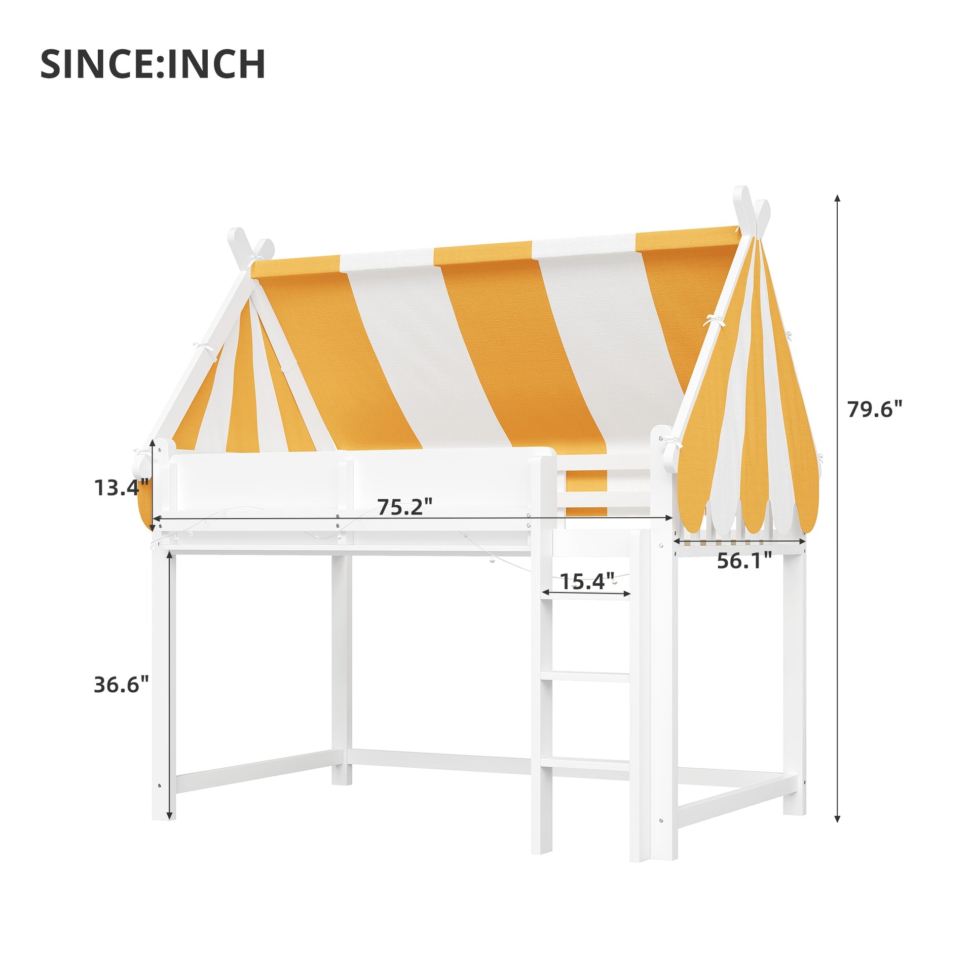 Full Size Loft Bed with Canopy, LED Lights & Book Shelf, White