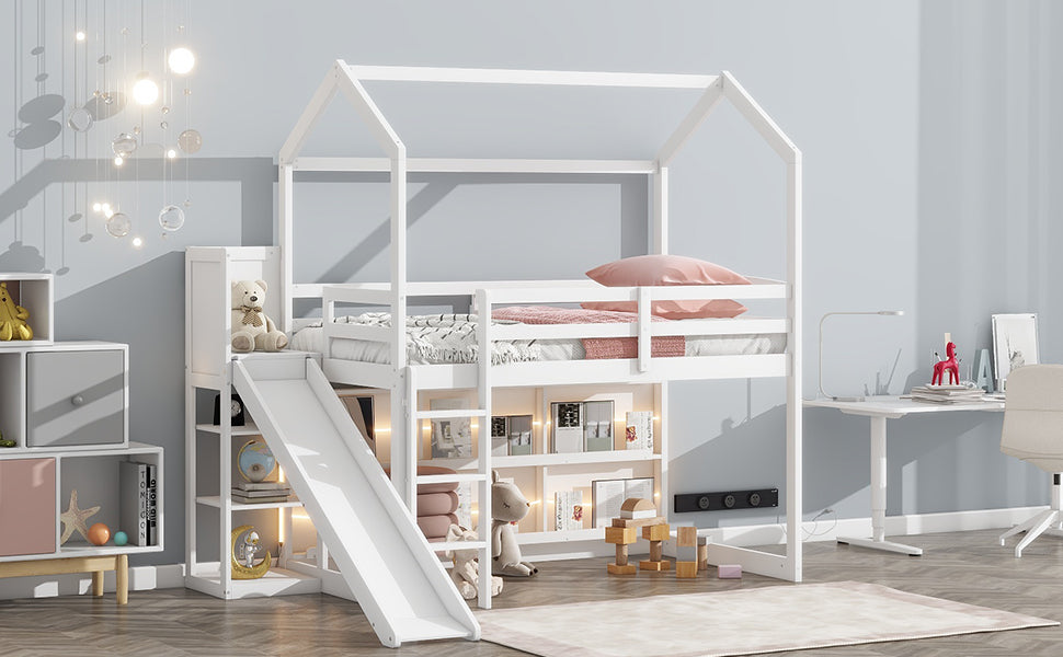 Twin Size Wood House Loft bed with Slide, Storage shelves and Light, White