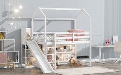 Twin Size Wood House Loft bed with Slide, Storage shelves and Light, White