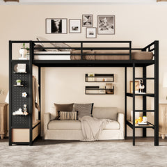 Full size Loft Bed Frame with Wardrobe,Metal Loft Bed with Storage Shelves and Pegboard,Black