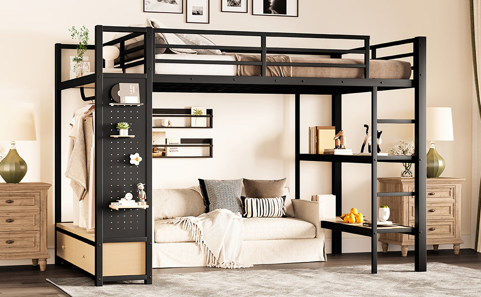 Full size Loft Bed Frame with Wardrobe,Metal Loft Bed with Storage Shelves and Pegboard,Black