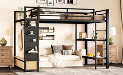 Full size Loft Bed Frame with Wardrobe,Metal Loft Bed with Storage Shelves and Pegboard,Black