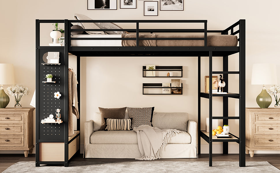 Full size Loft Bed Frame with Wardrobe,Metal Loft Bed with Storage Shelves and Pegboard,Black