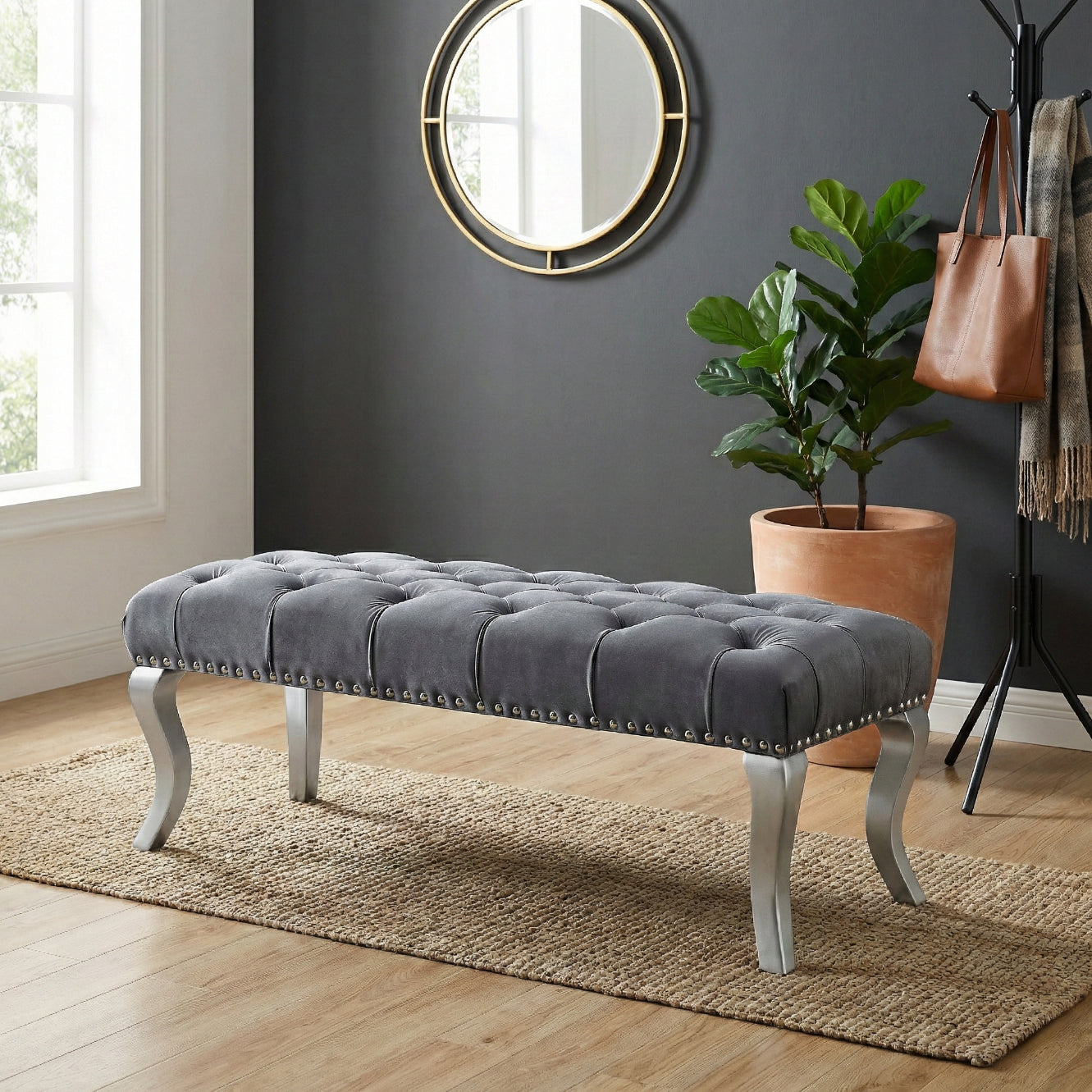 Decor Maxem Tufted Fabric Upholstered Bench Nailhead Trim , Gray