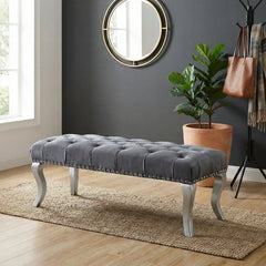 Decor Maxem Tufted Fabric Upholstered Bench Nailhead Trim , Gray