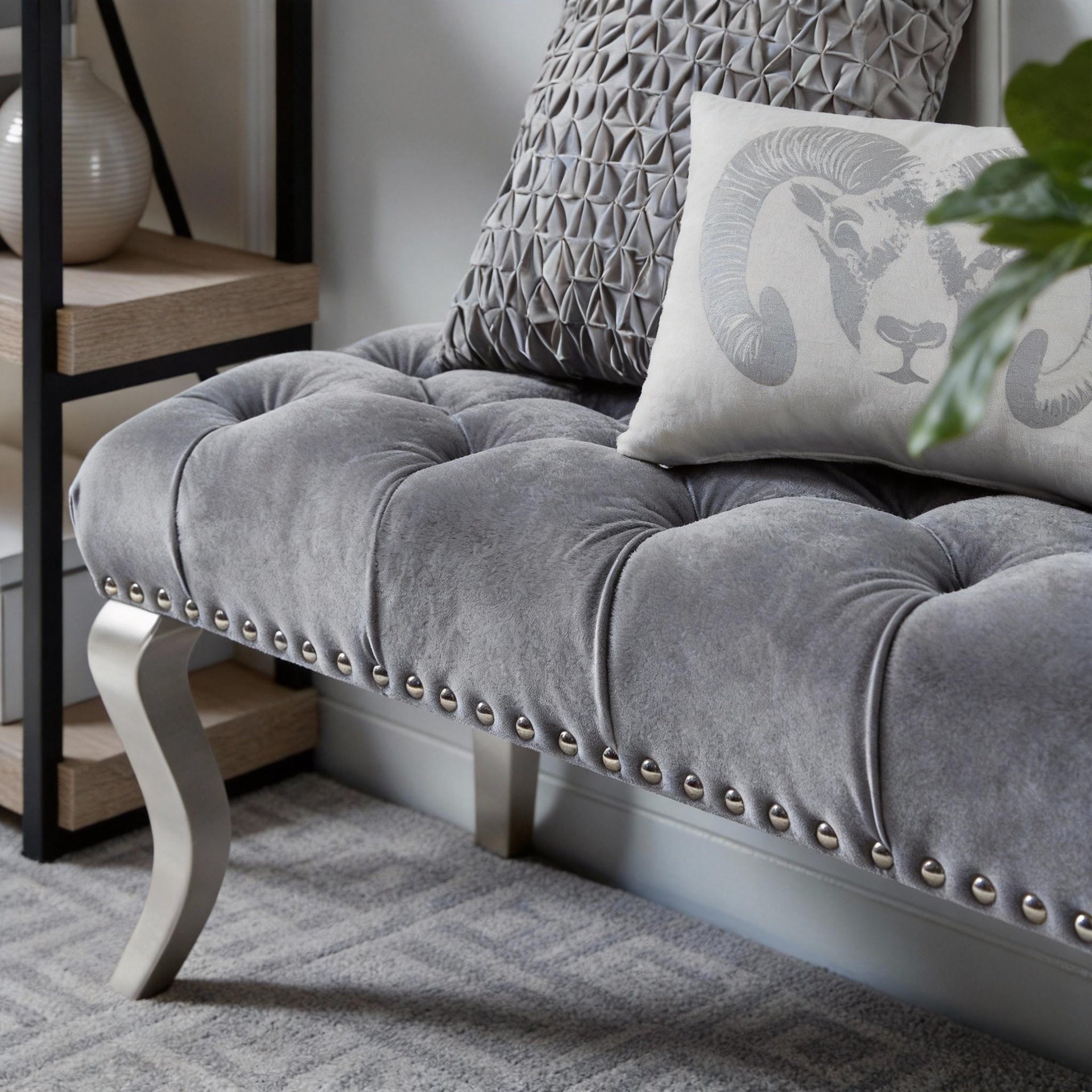 Decor Maxem Tufted Fabric Upholstered Bench Nailhead Trim , Gray