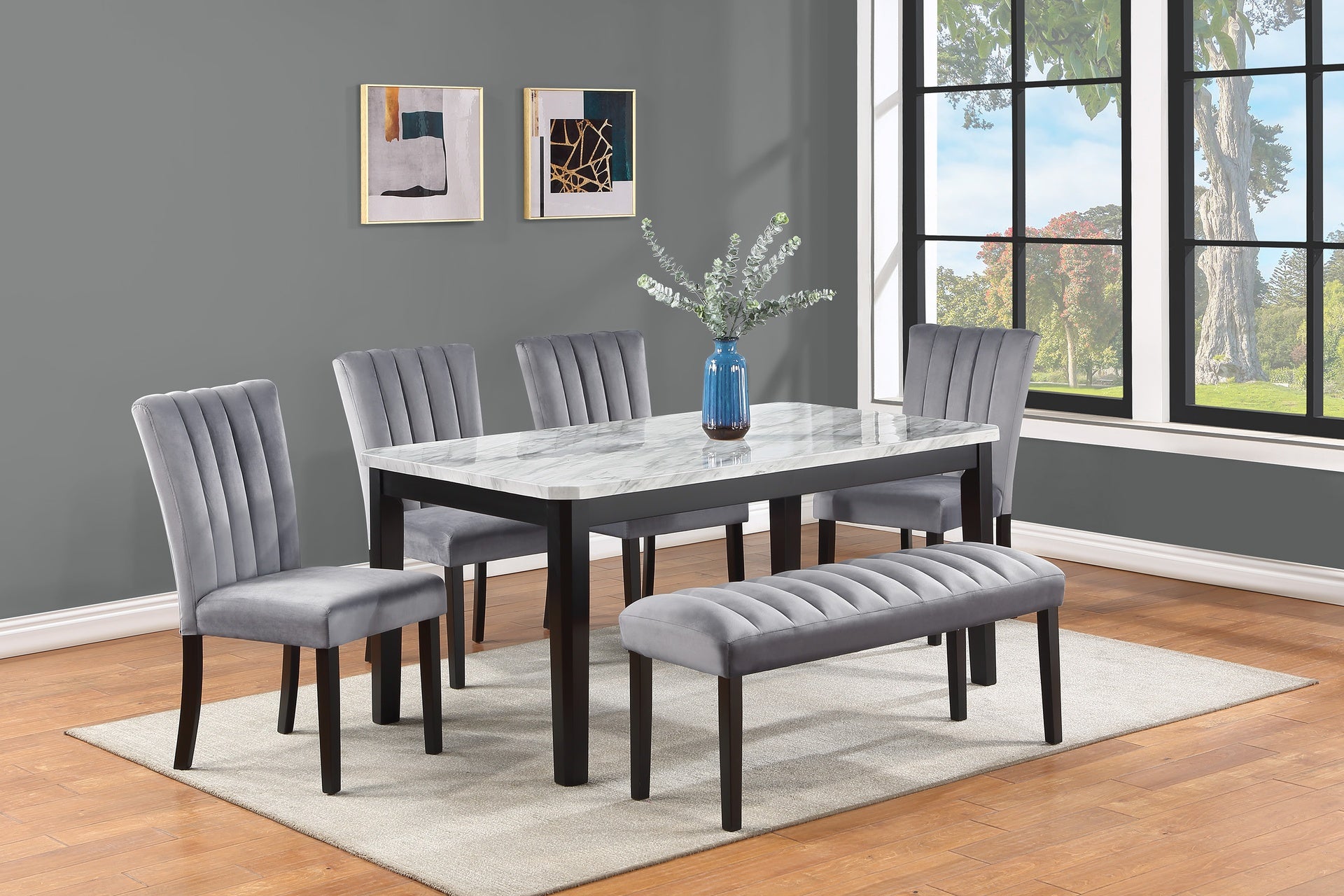 6-Piece Contemporary Dining Set Rectangular Faux Marble Table Top Black Finish Upholstered Chairs Bench Channel Tufting Wooden Solid Wood Dining Room Kitchen Furniture