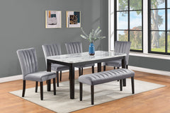 6-Piece Contemporary Dining Set Rectangular Faux Marble Table Top Black Finish Upholstered Chairs Bench Channel Tufting Wooden Solid Wood Dining Room Kitchen Furniture