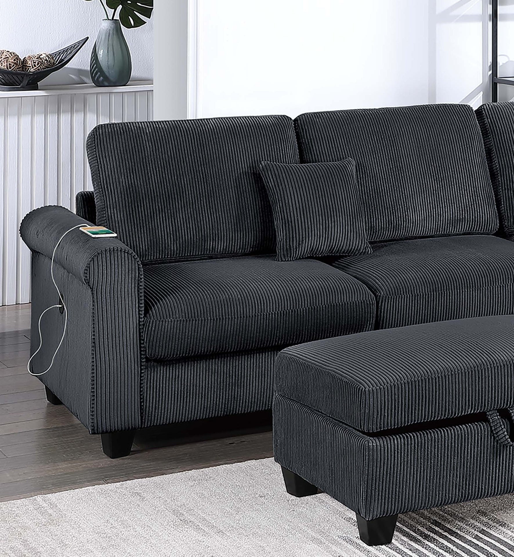 Contemporary Style 3pc Sectional Set Right Arm Chaise Left Arm Sofa w/ USB Port Storage Ottoman Throw Pillow Wooden Legs Black Finish Primary Living Room