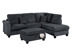 Contemporary Style 3pc Sectional Set Right Arm Chaise Left Arm Sofa w/ USB Port Storage Ottoman Throw Pillow Wooden Legs Black Finish Primary Living Room