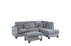 Contemporary Style 3pc Sectional Set Right Arm Chaise Left Arm Sofa w/ USB Port Storage Ottoman Throw Pillow Wooden Legs Fog Finish Primary Living Room