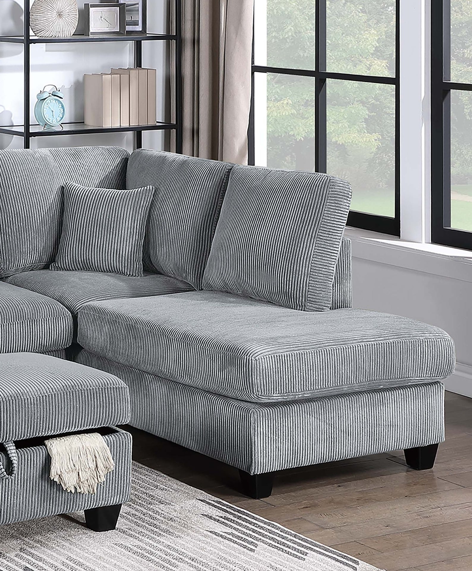 Contemporary Style 3pc Sectional Set Right Arm Chaise Left Arm Sofa w/ USB Port Storage Ottoman Throw Pillow Wooden Legs Fog Finish Primary Living Room