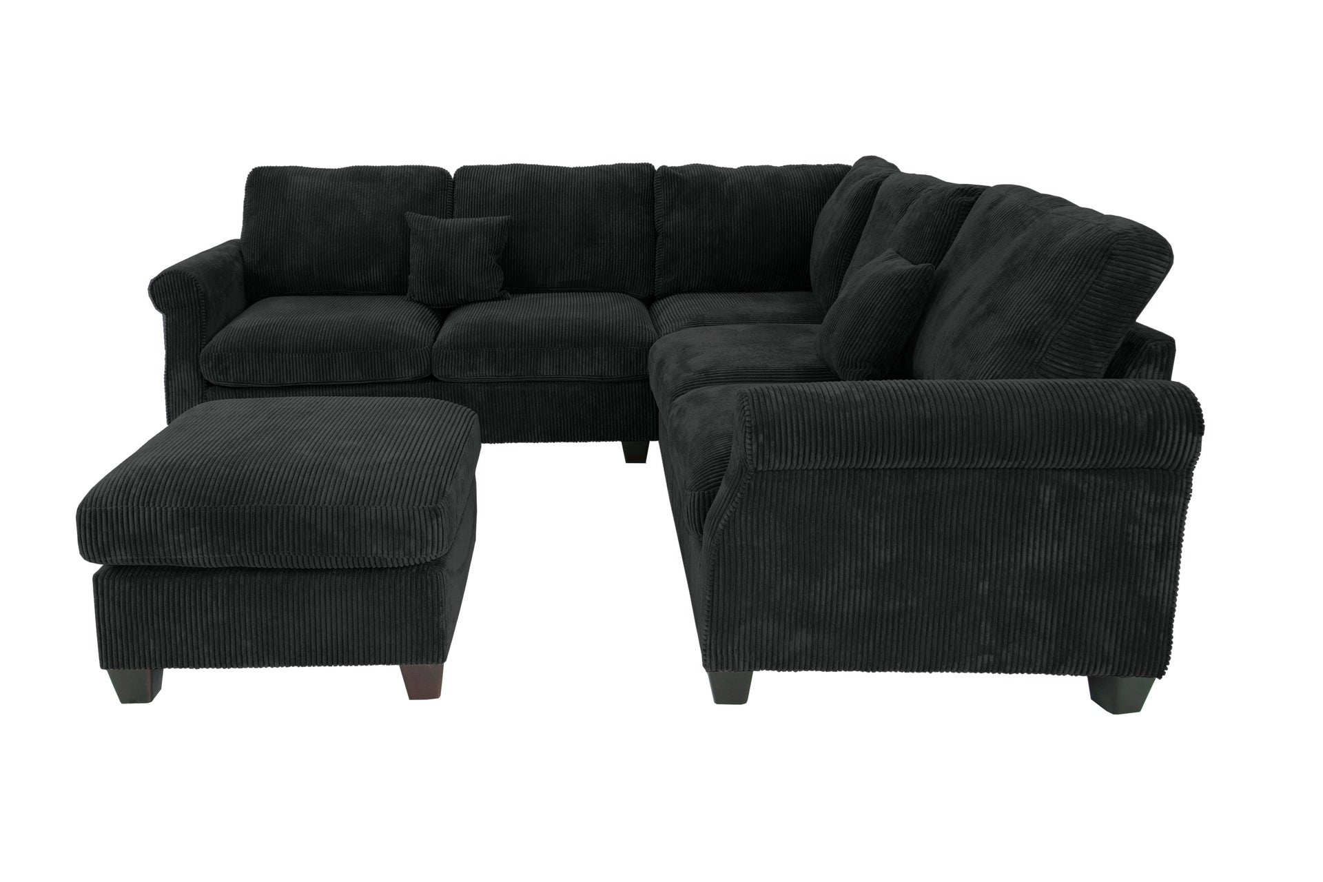 4pc Sectional Set Matching Pillow Cocktail Ottoman Corner Wedge Right And Left Arm Loveseat Corduroy Upholstered Black Finish Primary Living Room