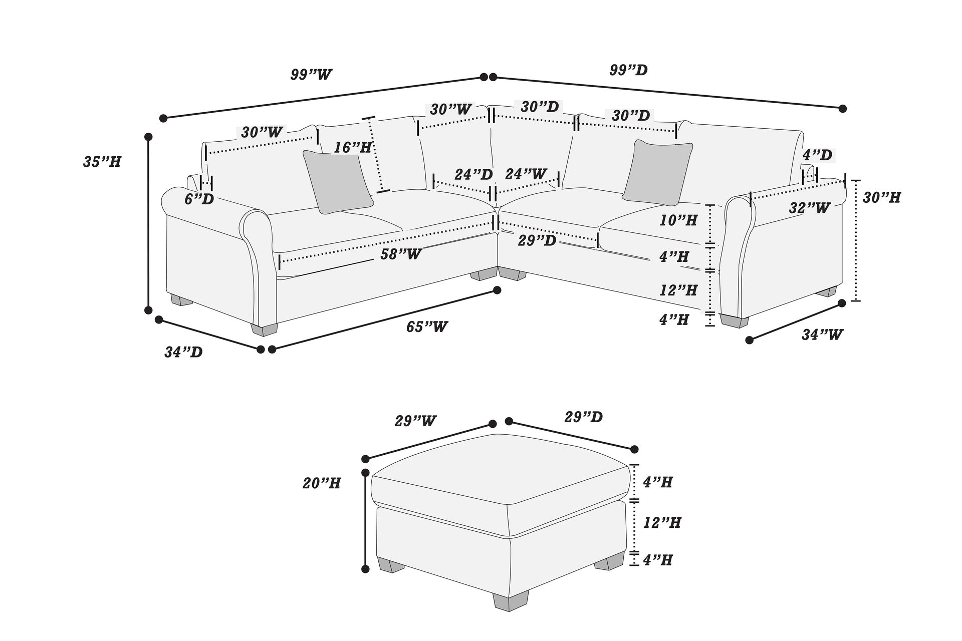4pc Sectional Set Matching Pillow Cocktail Ottoman Corner Wedge Right And Left Arm Loveseat Corduroy Upholstered Fog Finish Primary Living Room