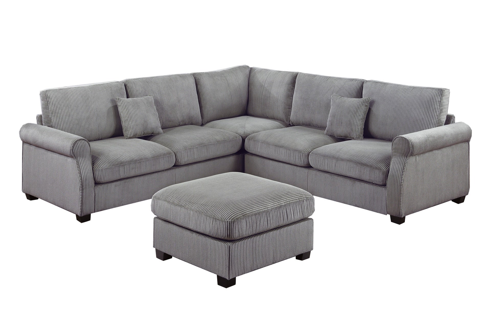 4pc Sectional Set Matching Pillow Cocktail Ottoman Corner Wedge Right And Left Arm Loveseat Corduroy Upholstered Fog Finish Primary Living Room