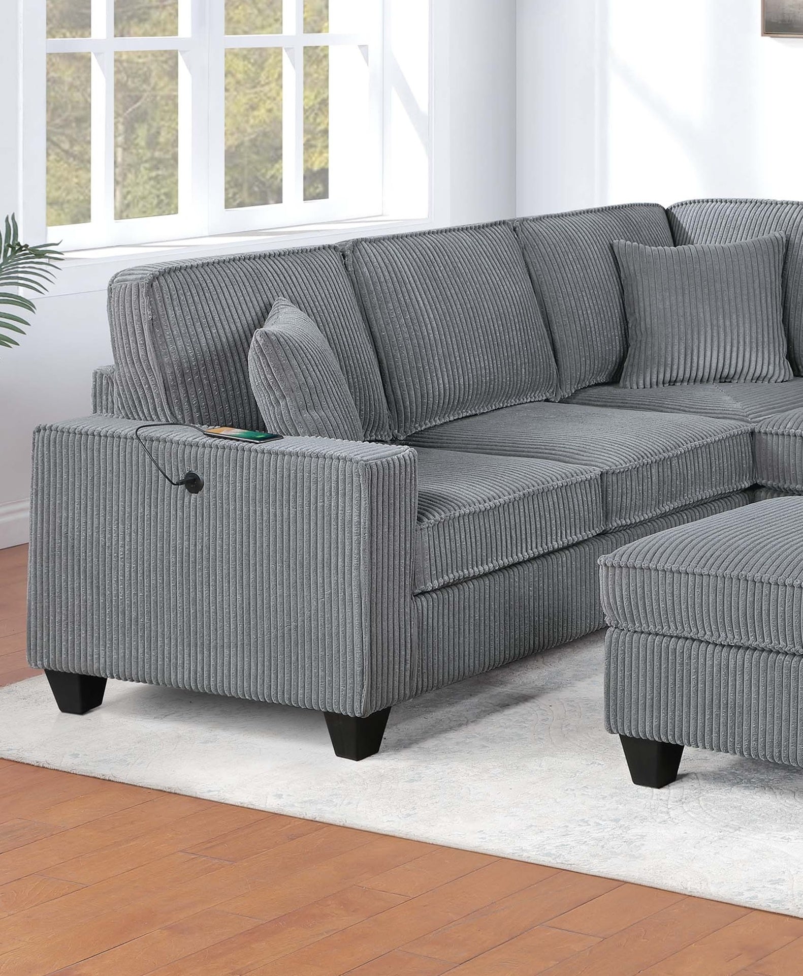 LAF Loveseat With USB Port Modern style 5pc Sectional Set Corner Wedge Armless Chair Cocktail Ottoman RAF Loveseat With Storage Fog Finish Primary Living Room