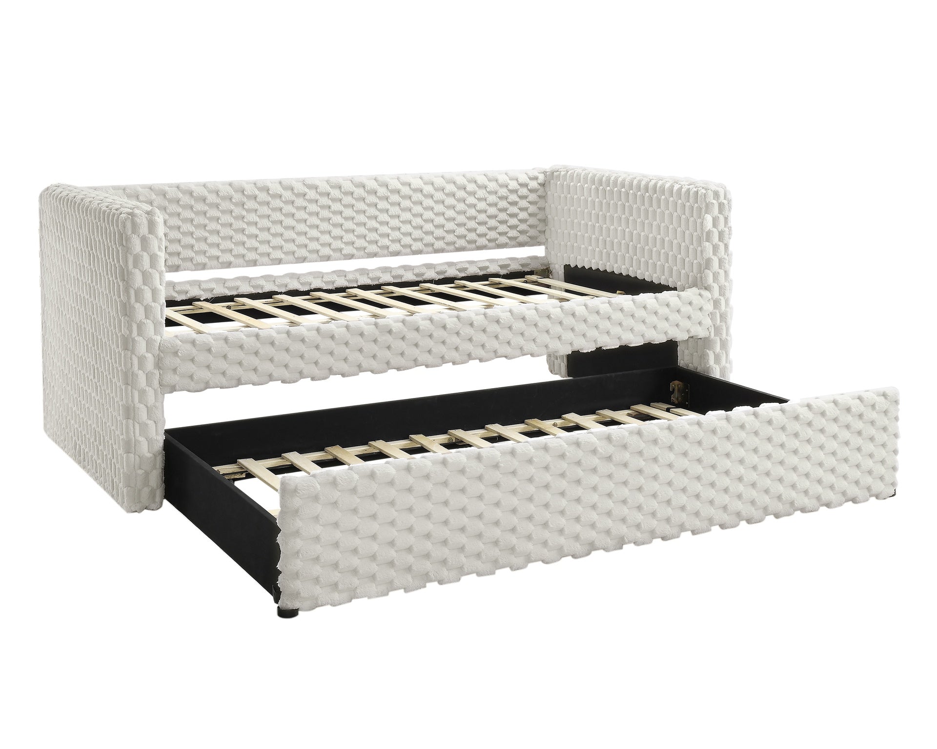 Beautiful 1pc Modern Daybed  Armrest Pull Out Trundle Bedroom Living Room Furniture Soft White Dove Textured Fabric Finish Furniture