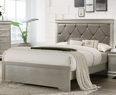 Modern 1pc Beige Champagne Finish King Size Panel Bed Wooden Crocodile Texture PU Upholstered Headboard Crystal-Like Button Tufted Fabric Bedroom Furniture